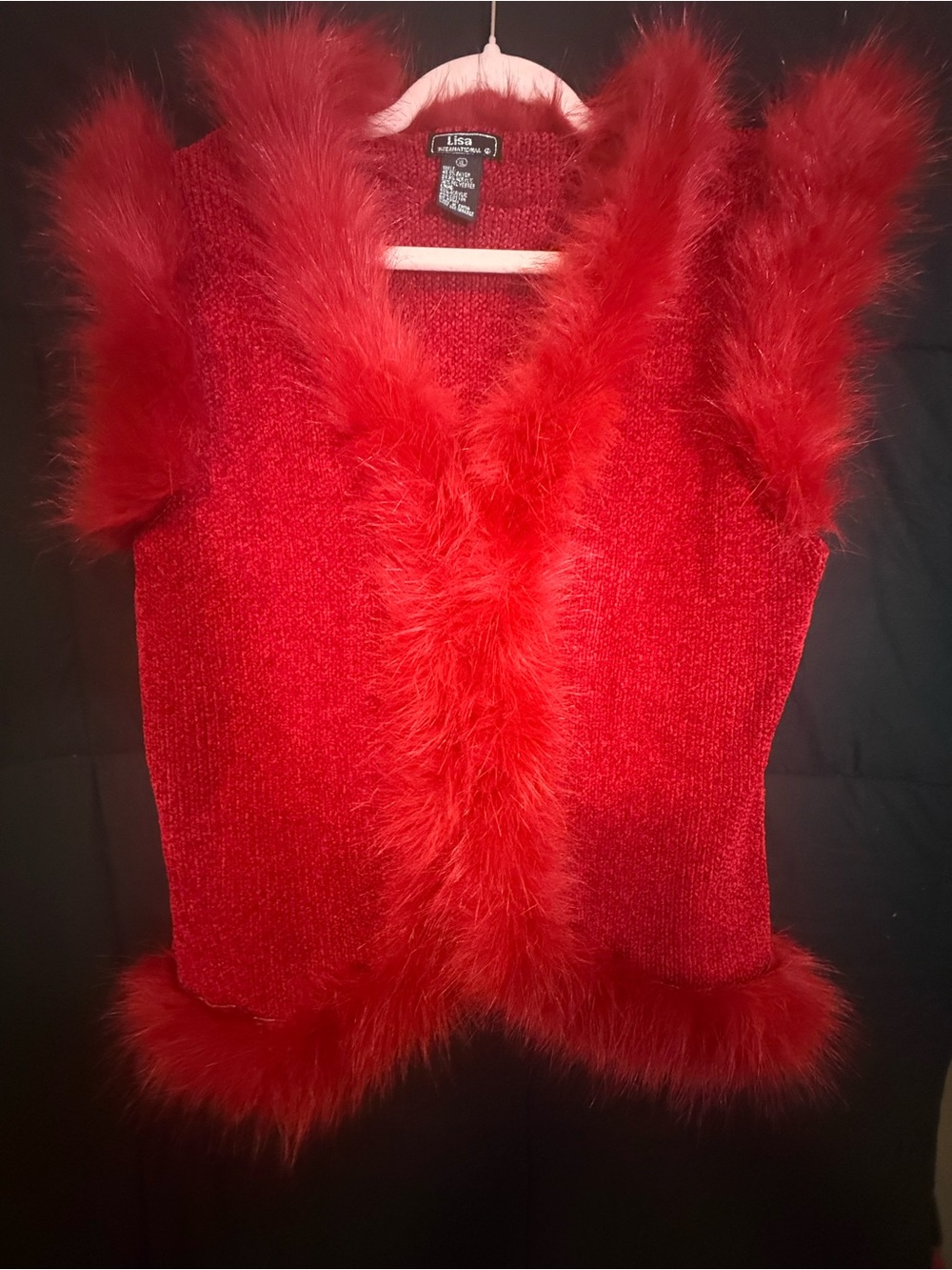 Red Faux Fur Trim Sleeveless Sweater Vest